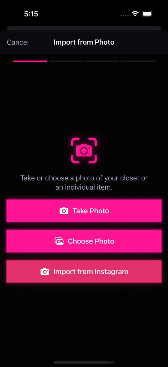 StyleLift closet import screen with AI photo detection, email receipt parsing, and Instagram import
