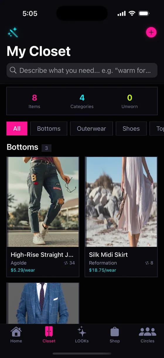 Digital closet with AI-categorized wardrobe items, brands, and values