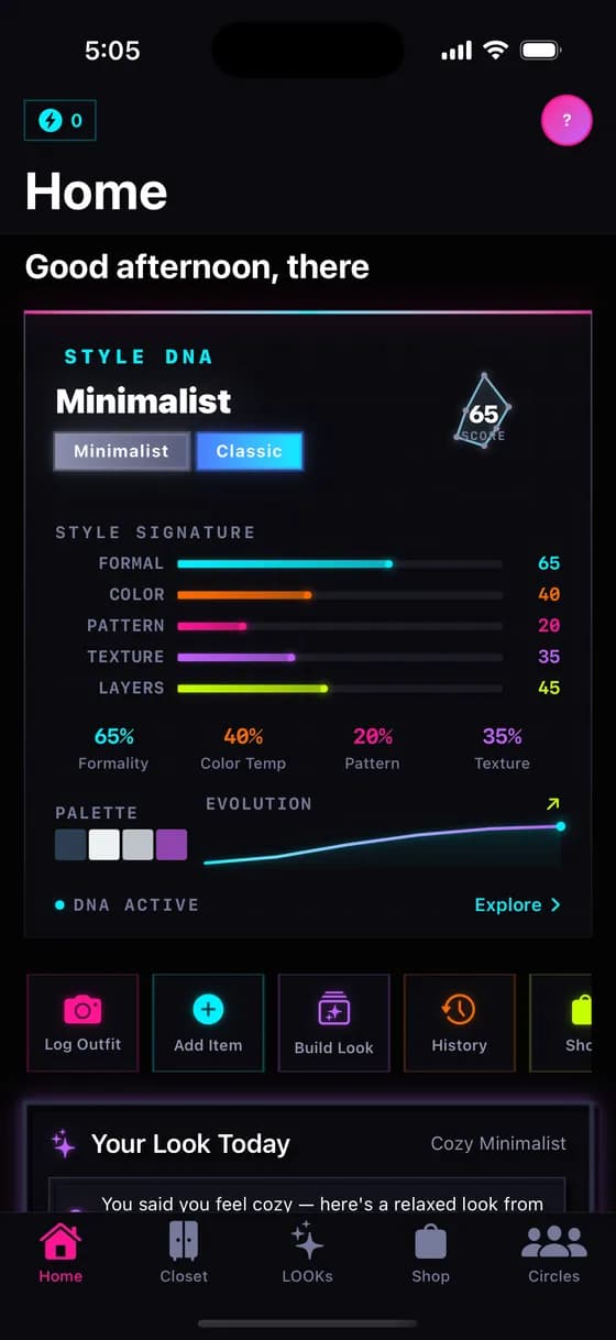 StyleLift iOS app dashboard showing daily outfit suggestions, Style DNA score, and wardrobe analytics