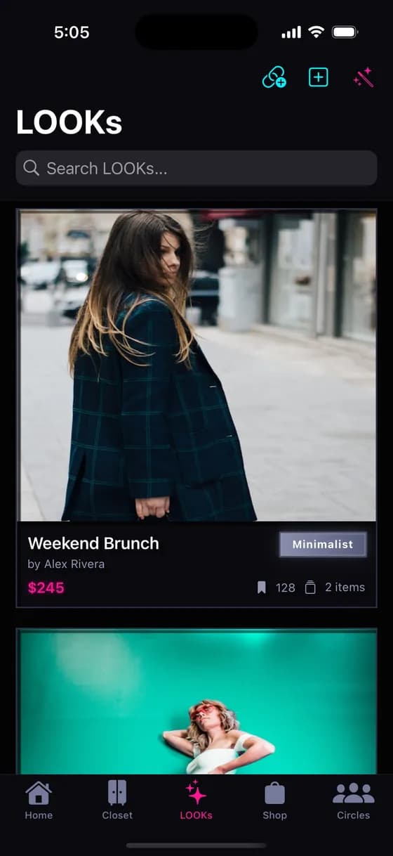 LOOKs feed with curated outfits from creators and AI styling