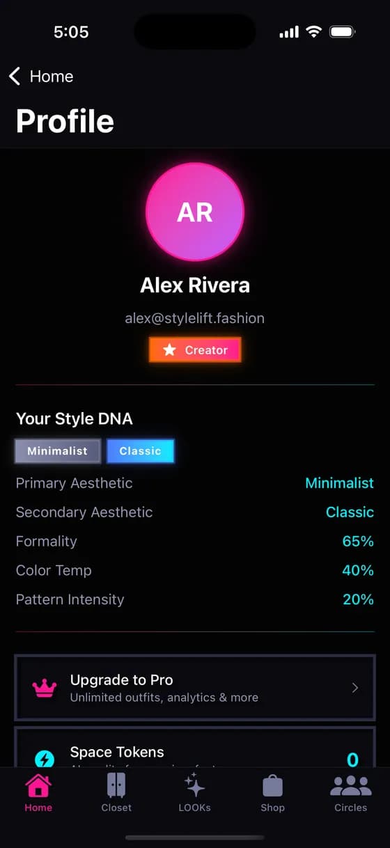 User profile with wardrobe stats, style achievements, and settings
