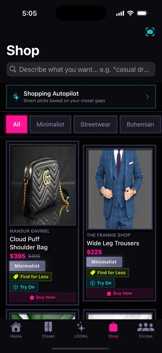 AI-powered shopping with real-time style match scores and budget checks on every product